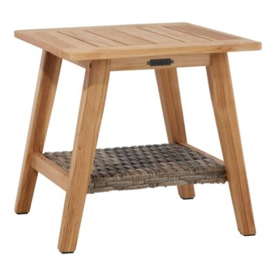 Teak Side Table with Wicker Storage Shelf